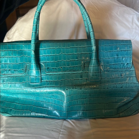 Croc-Embossed Turquoise Tote Bag - Picture 2 of 4